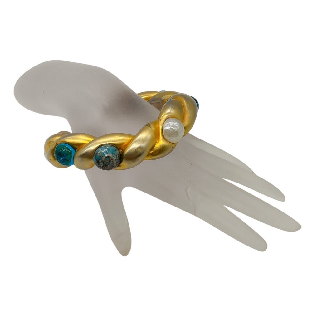 Chanel Vintage Pearl and Aqua Resin Embellished Gold Enamel Chunky Bangle Bracel - Picture 2 of 7